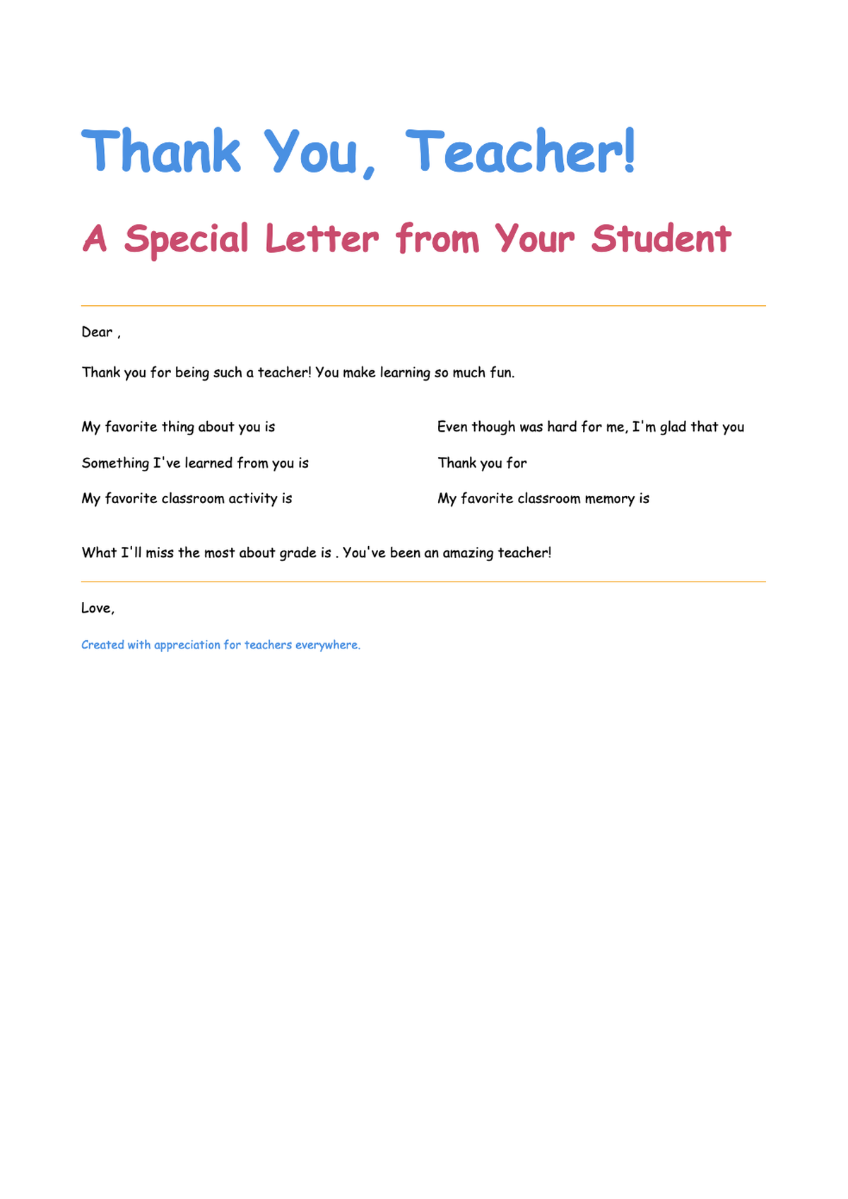 Printable thank you letter template for teachers with fill in blanks and colorful decorations_variant_2